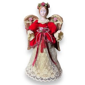 VTG Kurt Adler Angel Tree Topper Large Ornament 1990 Victorian Lace Red Ivory